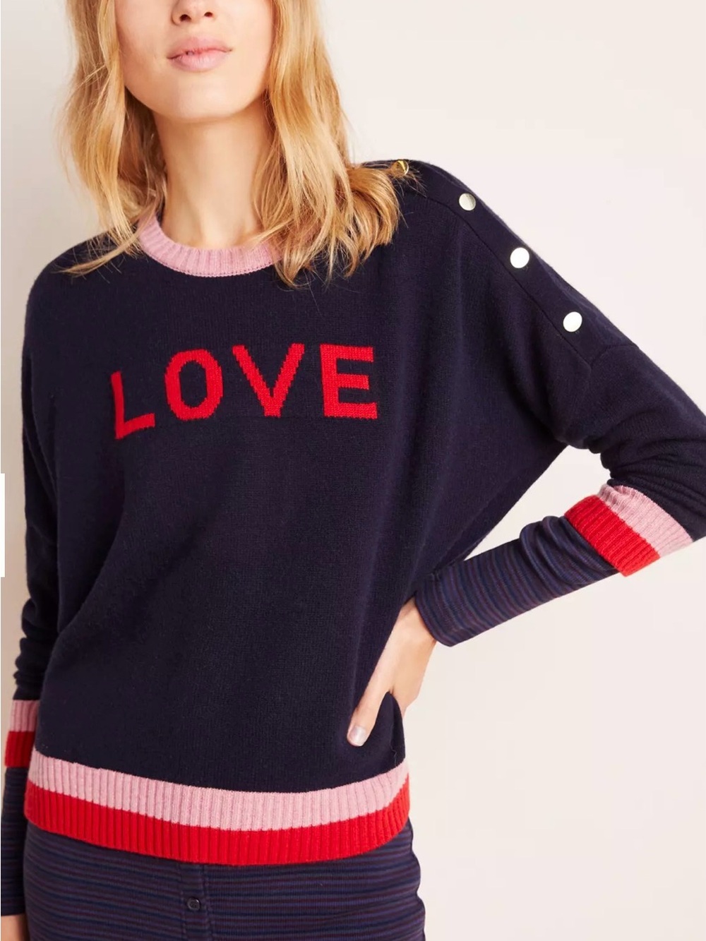 Sundry Navy 'LOVE' Crewneck Sweater with Pink & Red Trim